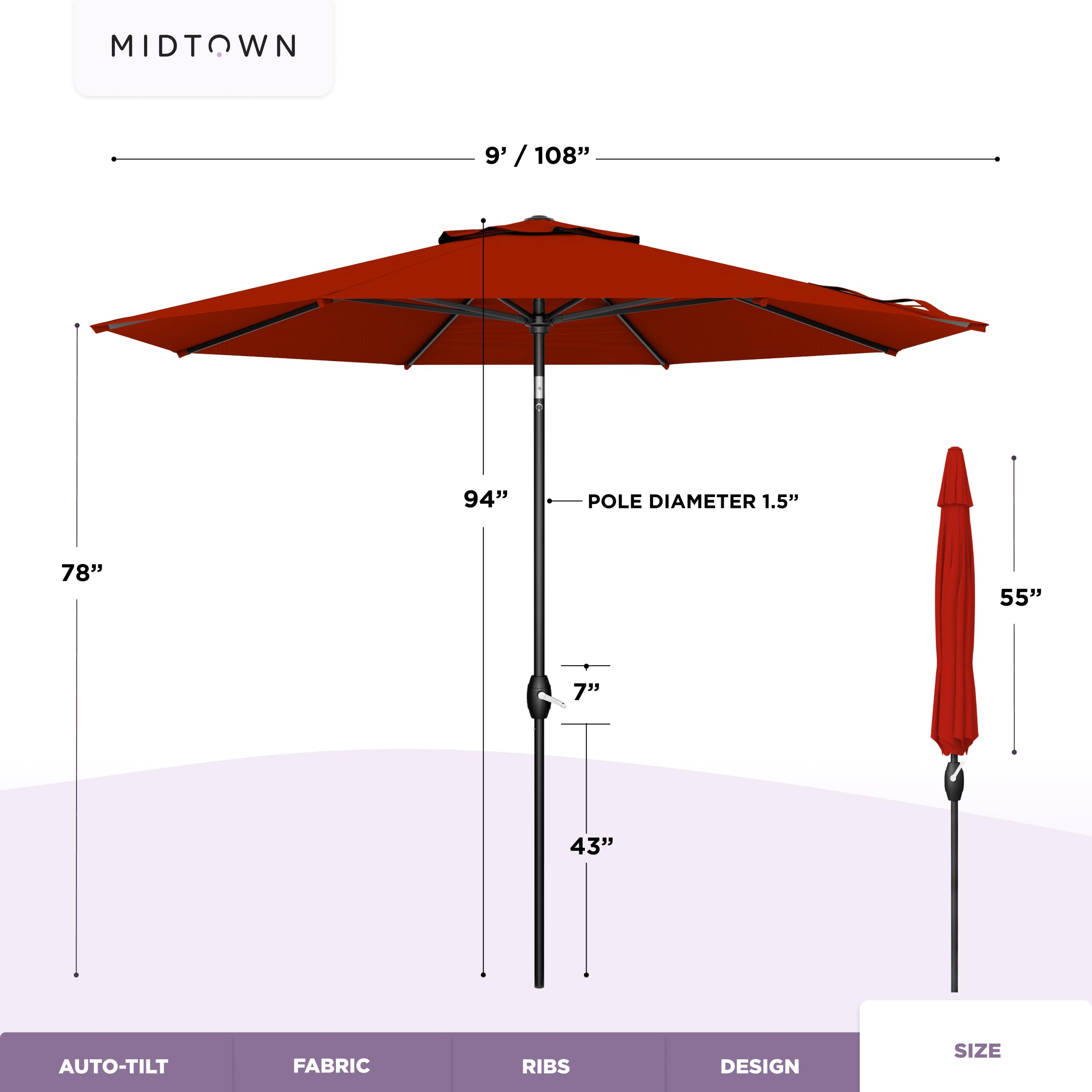Eight reinforced ribs provide durable shade in windy conditions