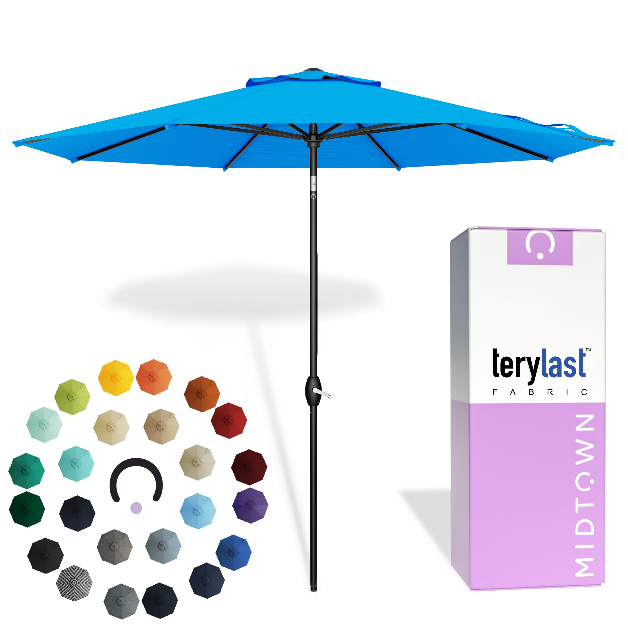 Midtown Umbrellas 9 ft cobalt blue canopy providing ample shade for outdoor dining.