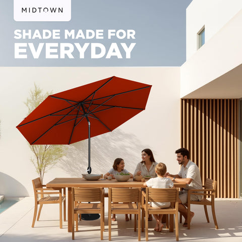Black pole complements apple red canopy for a sleek look