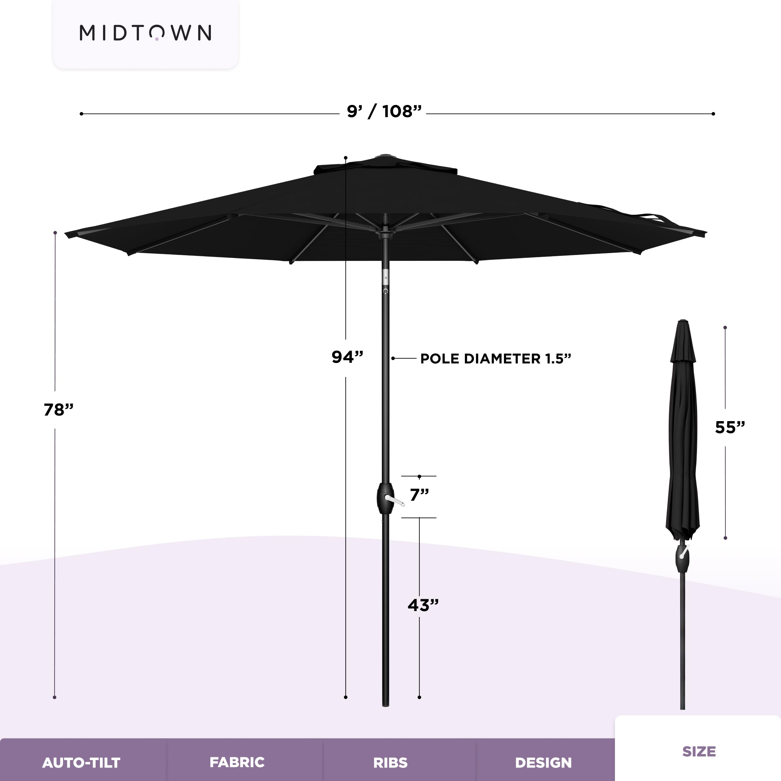 Midtown Umbrellas eight reinforced ribs boost durability.