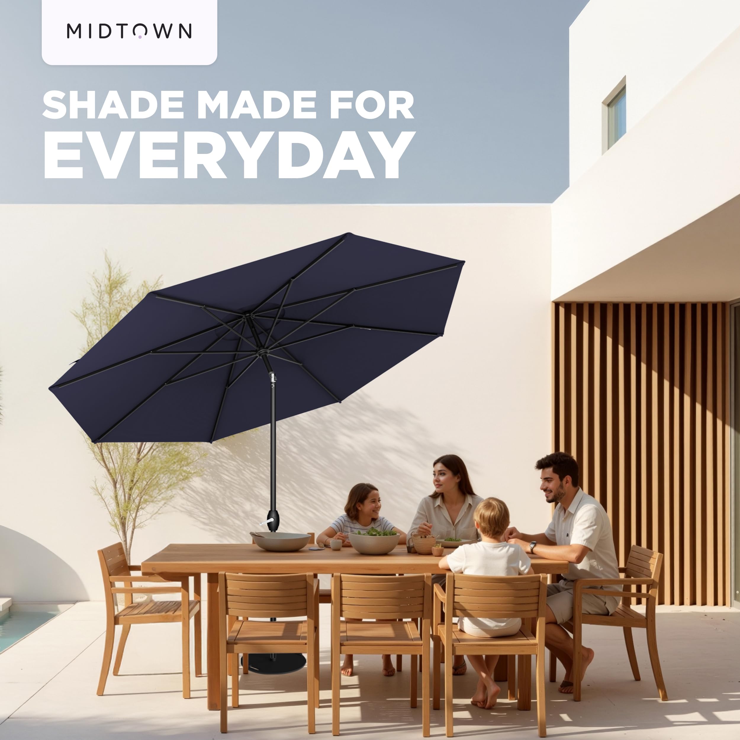 Midtown Umbrellas heavy-duty design stands up to breezy outdoor spaces.
