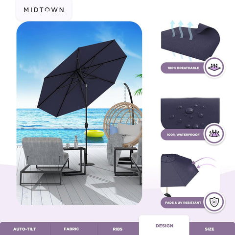 Midtown Umbrellas navy-blue canopy offers stylish shade for decks and pools.