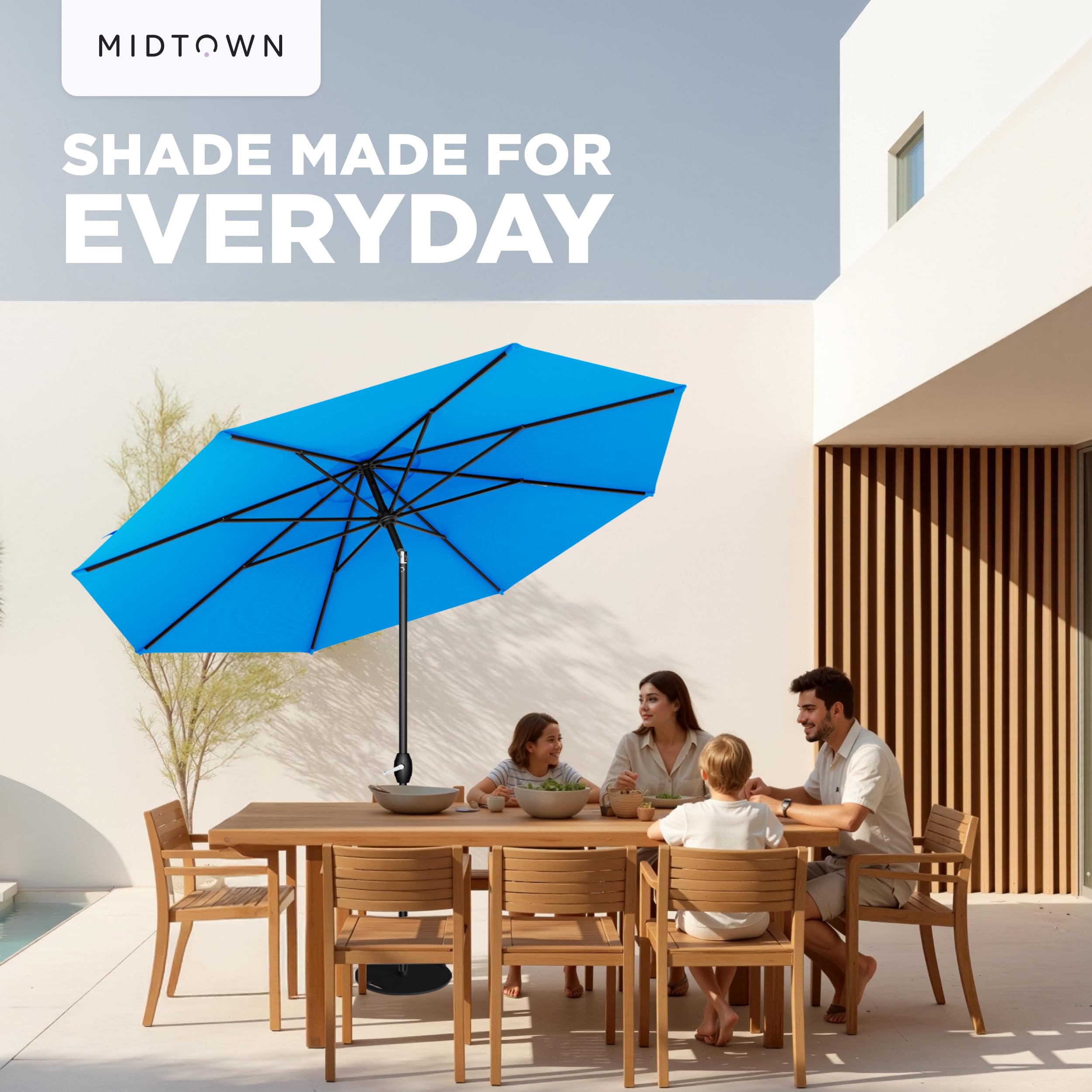Midtown Umbrellas 9 ft canopy suits 6–8 seat patio layouts.