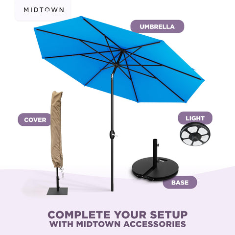 Midtown Umbrellas 10-year frame and fabric warranty communicates long-term value.