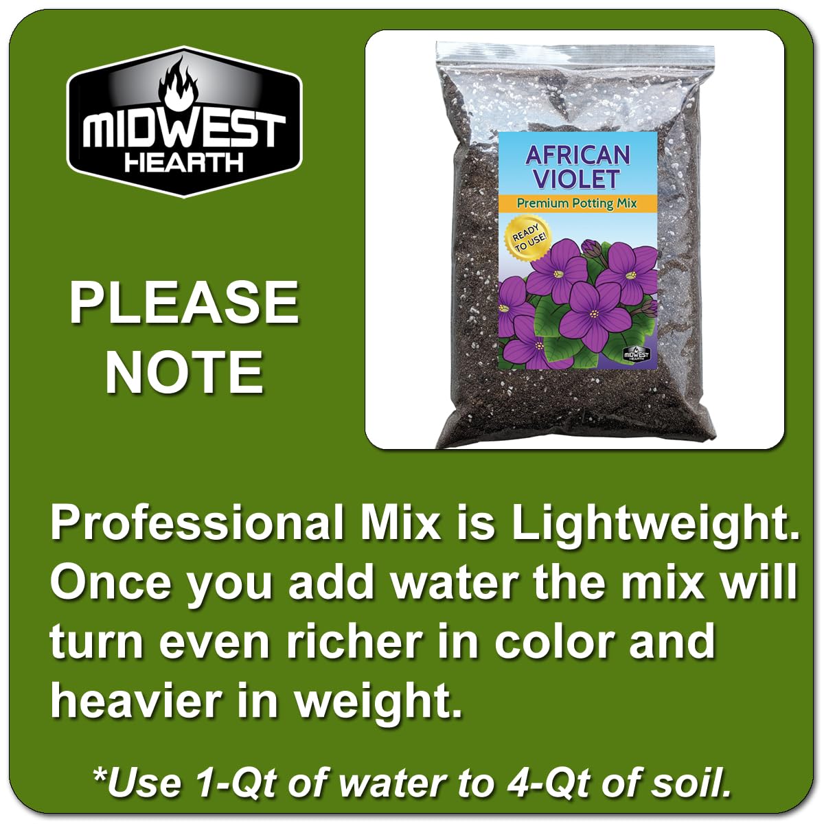 Midwest Hearth African Violet soil mix bag labeled Made in USA for home gardeners.