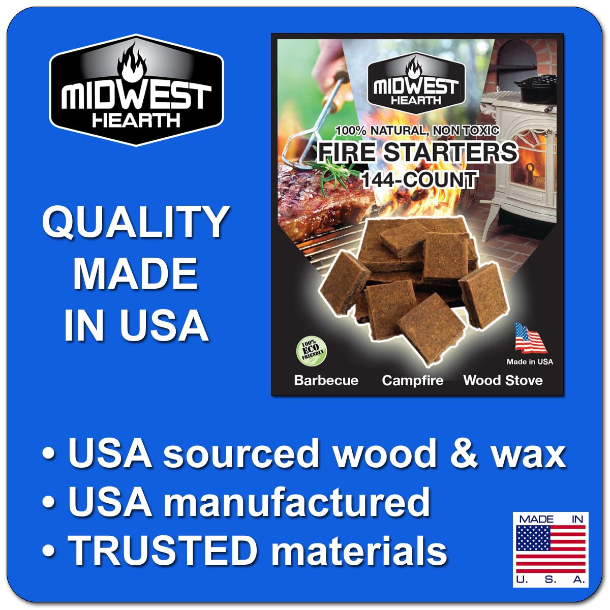 Midwest Hearth Fire Starter Squares work with fireplaces, stoves, grills, and campfires.