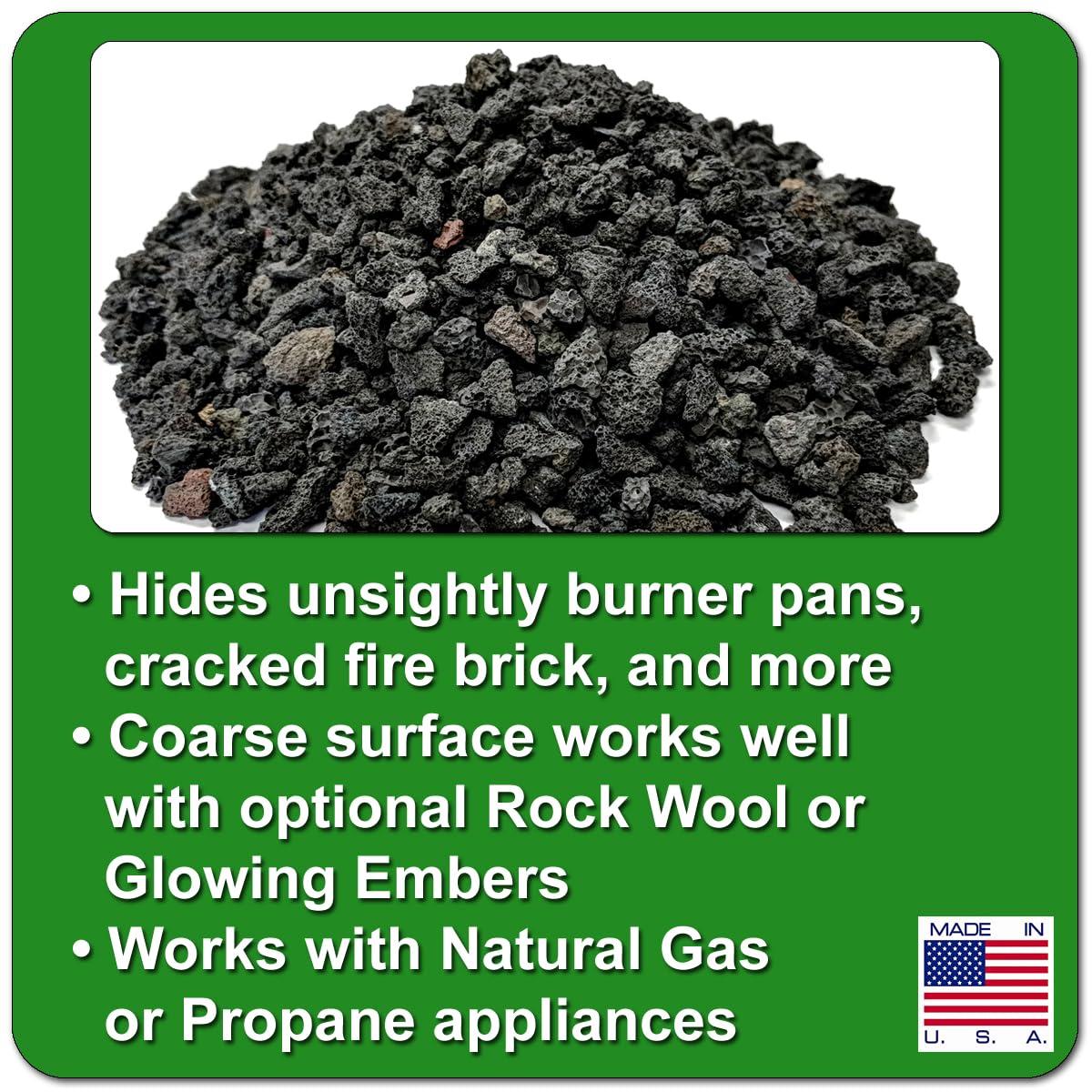 Midwest Hearth natural color lava rock spread in a fireplace base