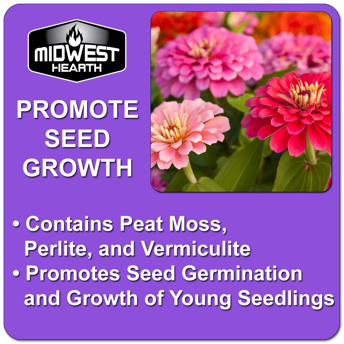 Midwest Hearth peat moss perlite vermiculite blend enhances drainage while retaining essential moisture.