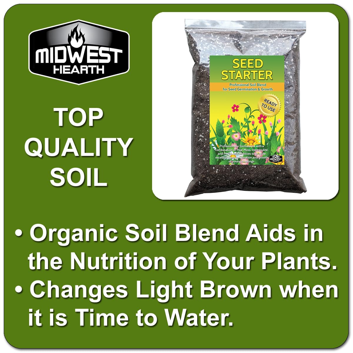 Midwest Hearth pH-balanced seed starter promotes versatile use across many plant types.