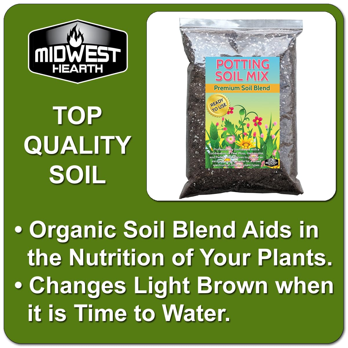 Midwest Hearth soil in garden setup highlights ready to use packaging