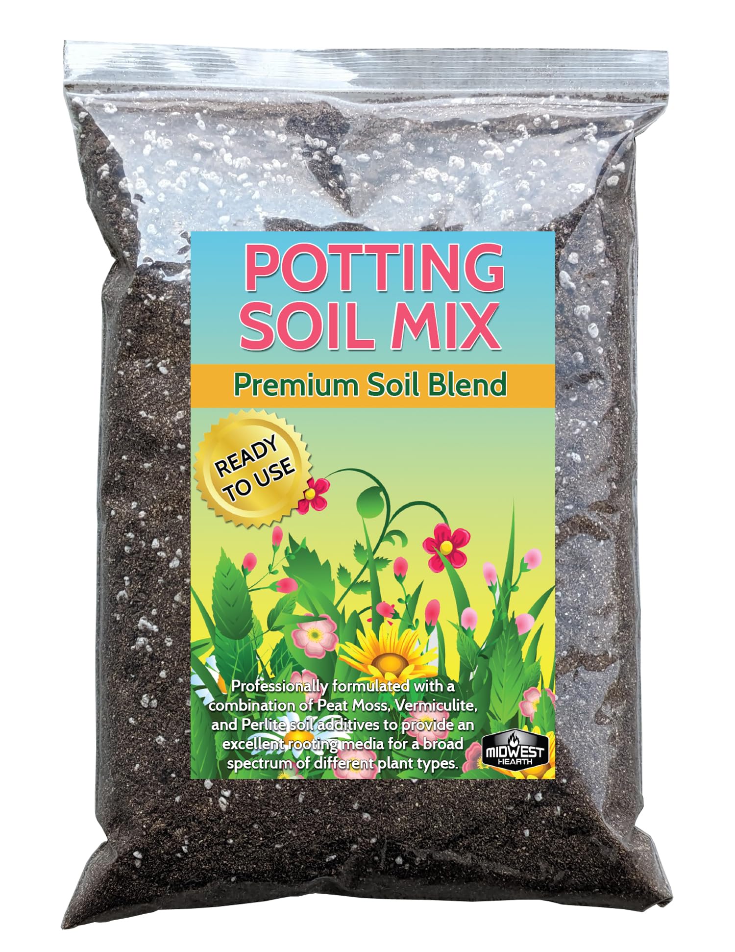 Midwest Hearth premium potting soil pour closeup for even moisture and seedling growth