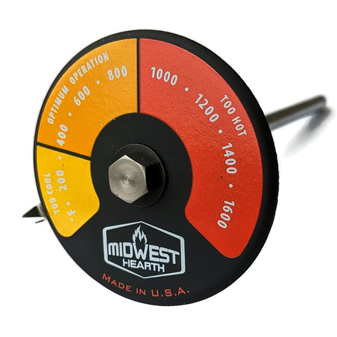 Midwest Hearth probe thermometer for wood stove reads accurately inside double-wall flue pipes.