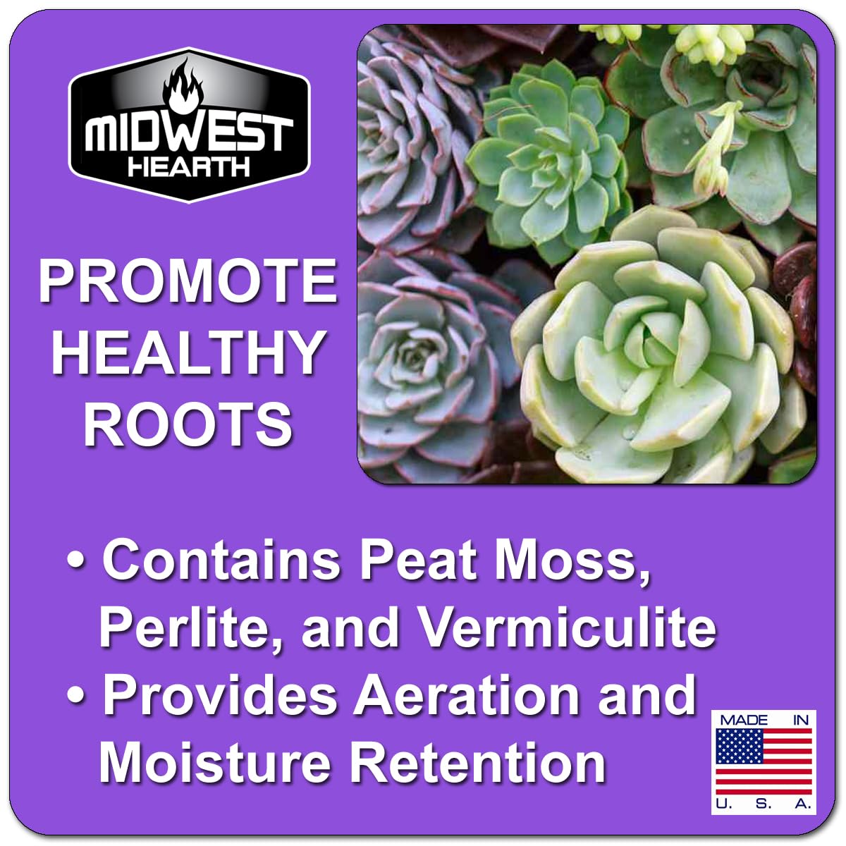 Midwest Hearth cactus mix with peat, perlite, vermiculite for aeration.