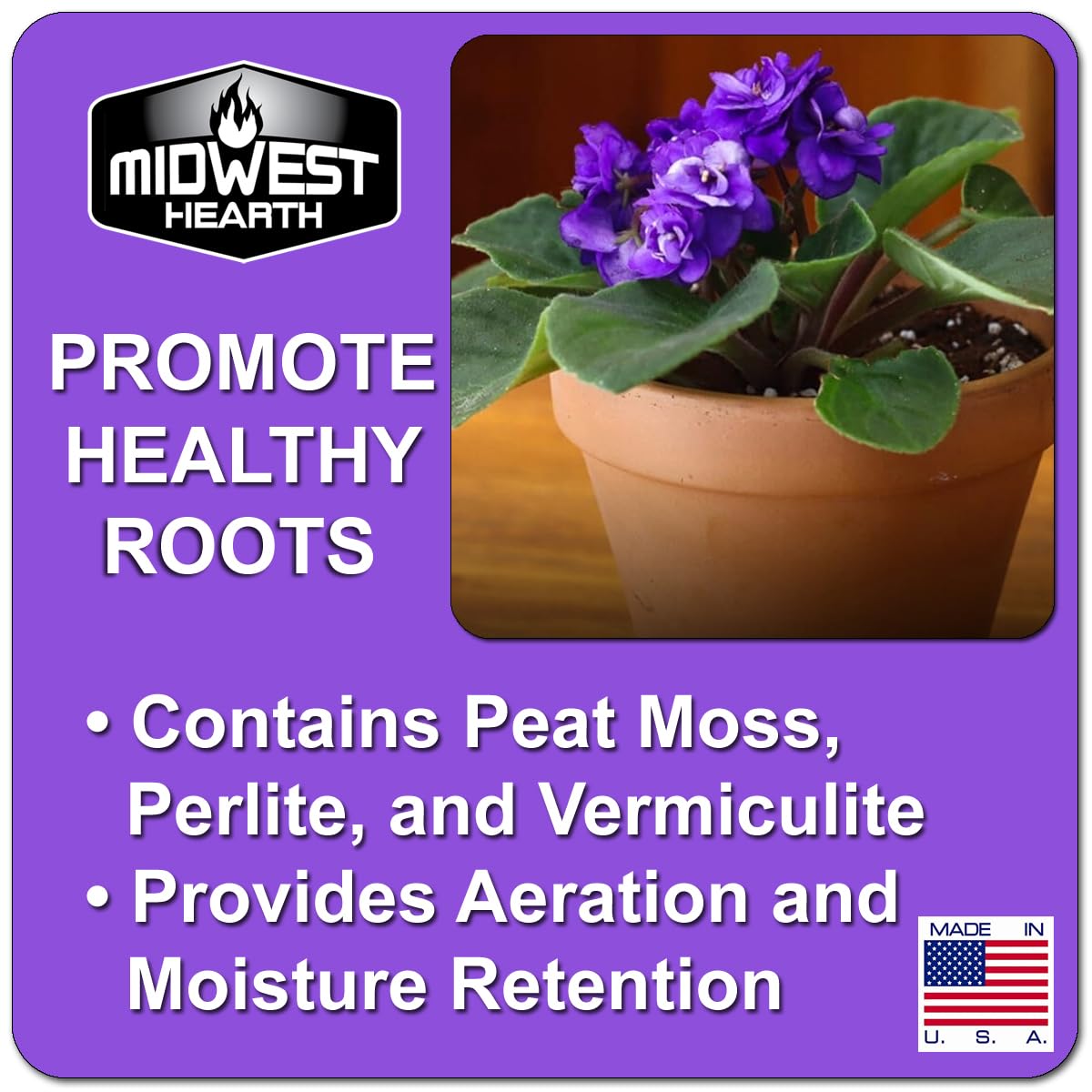 Midwest Hearth African Violet Soil visual emphasizes aeration and moisture control.