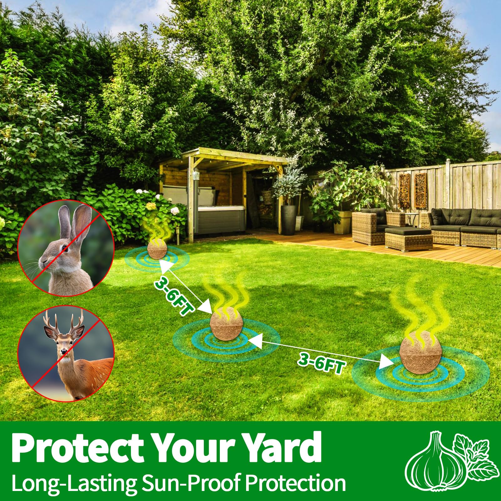 Migdracy ball in garden setup deters deer and rabbits while protecting shrubs.