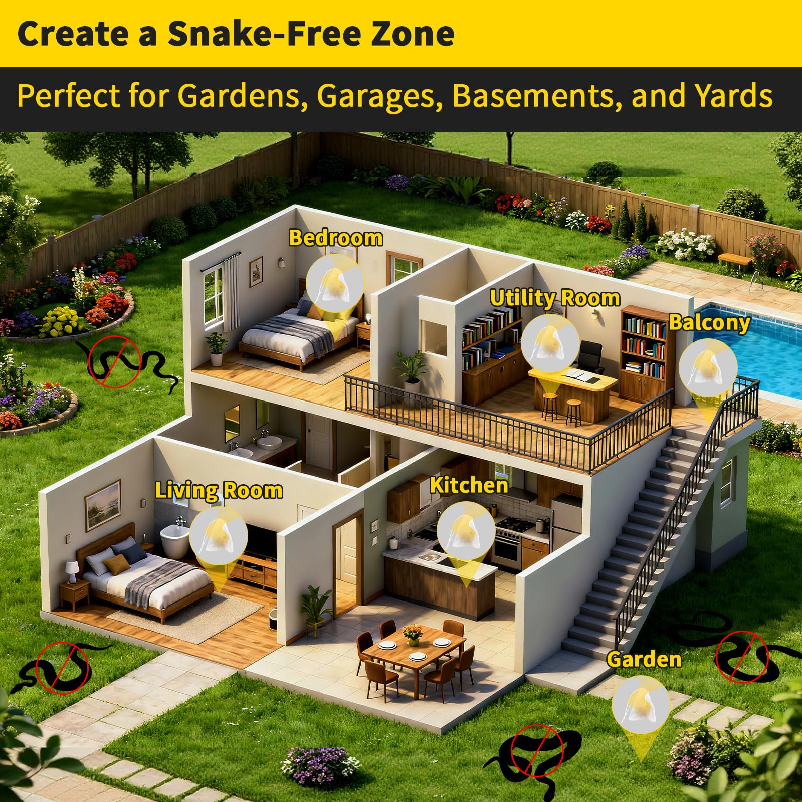 Migdracy outdoor yard coverage with snake deterrent balls along fence
