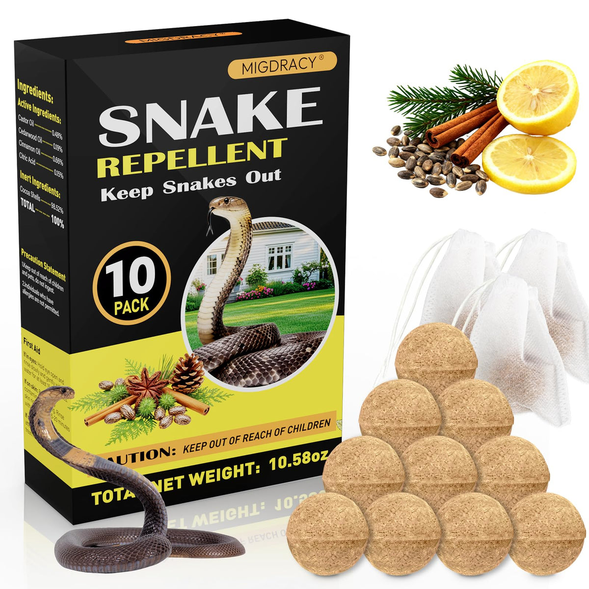 Migdracy snake repellent ball front view creating scent barrier in garden to deter snakes