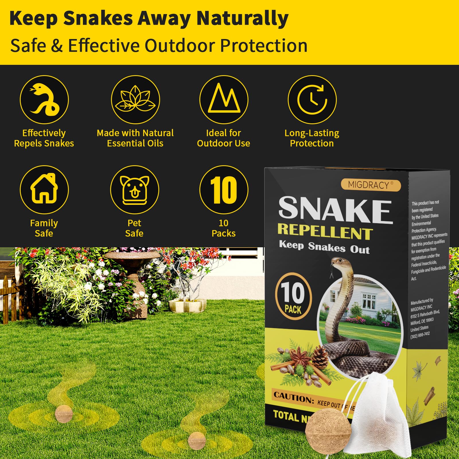 Migdracy snake repellent pack of 10 balls shown for yard protection
