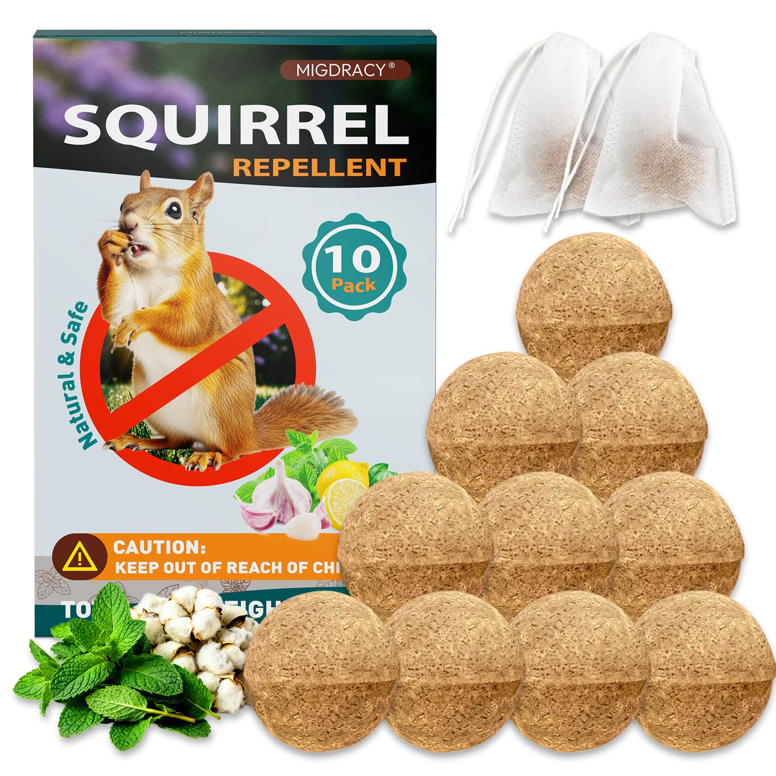 Migdracy Squirrel Repellent Ball packaged in breathable pouch deterring nuisance animals