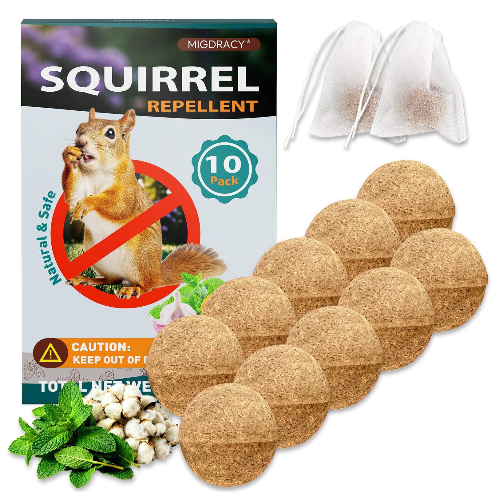 Migdracy Squirrel Repellent Balls in a drawstring pouch protect outdoor spaces with natural scents.