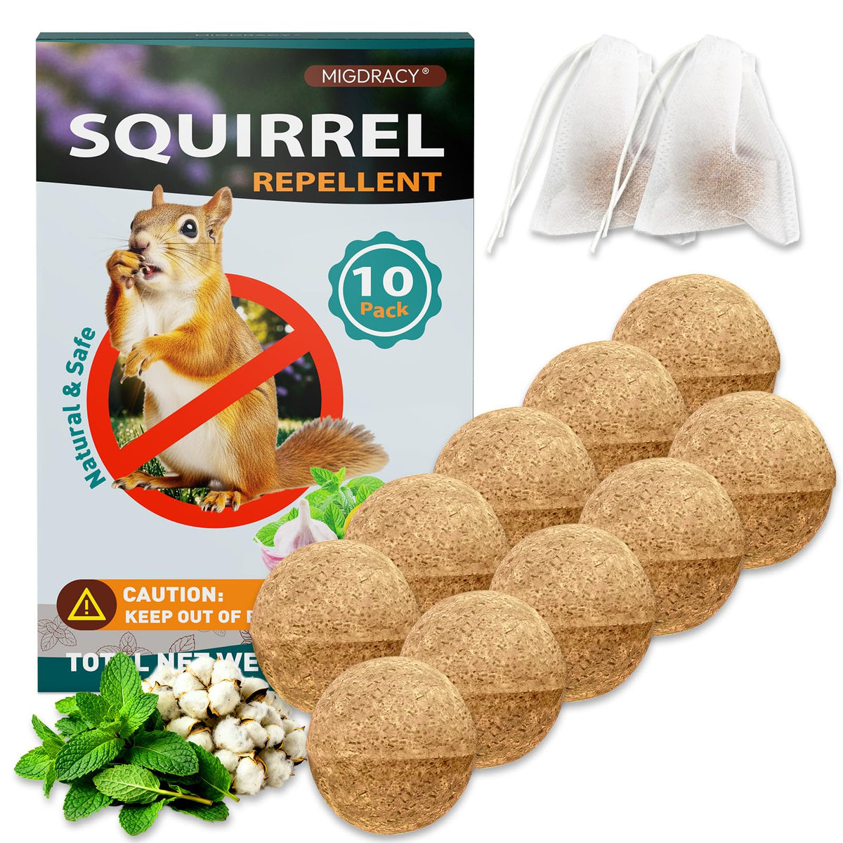 Migdracy Squirrel Repellent Balls in a drawstring pouch protect outdoor spaces with natural scents.
