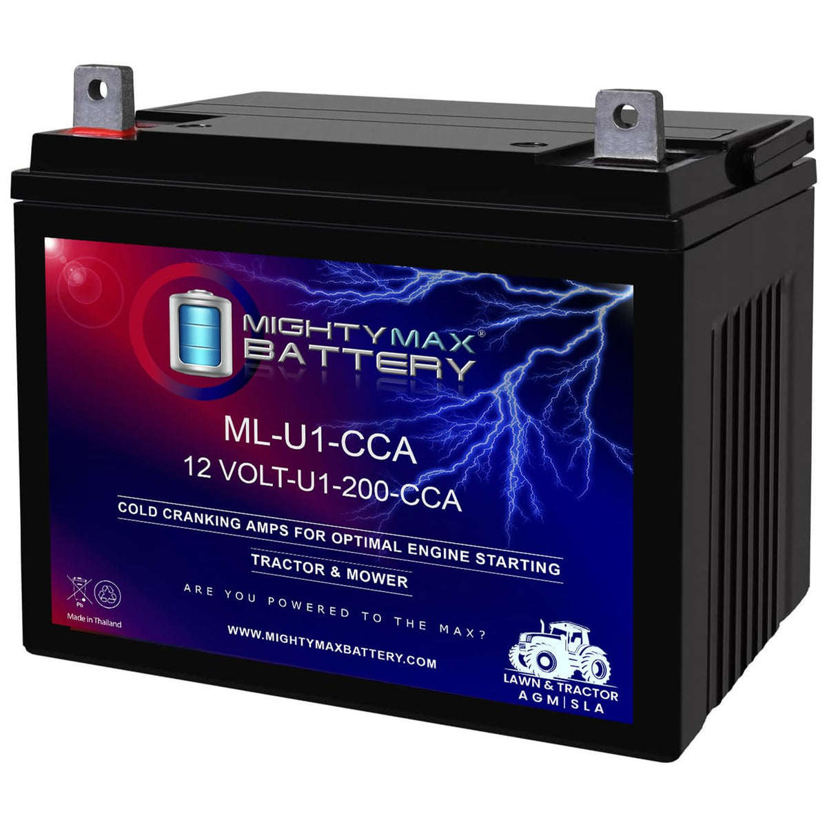 Mighty Max Battery ML-U1-CCA 12V label shows durable, spill-safe design.