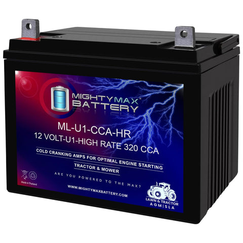 Mighty Max Battery ML-U1-CCAHR front view shows compact 12V design for lawn mowers