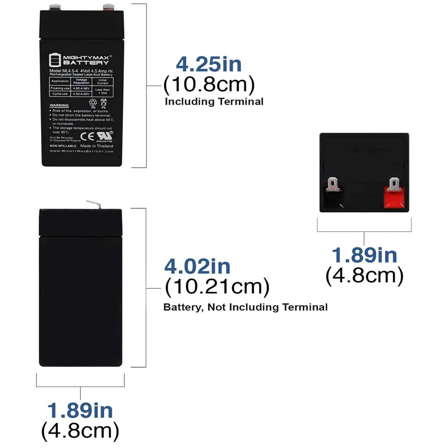 Mighty Max Battery ML4-5-4-SLA dimensions shown for tight spaces in enclosures.
