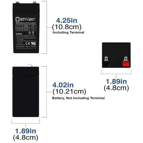 Mighty Max Battery ML4-5-4-SLA dimensions shown for tight spaces in enclosures.