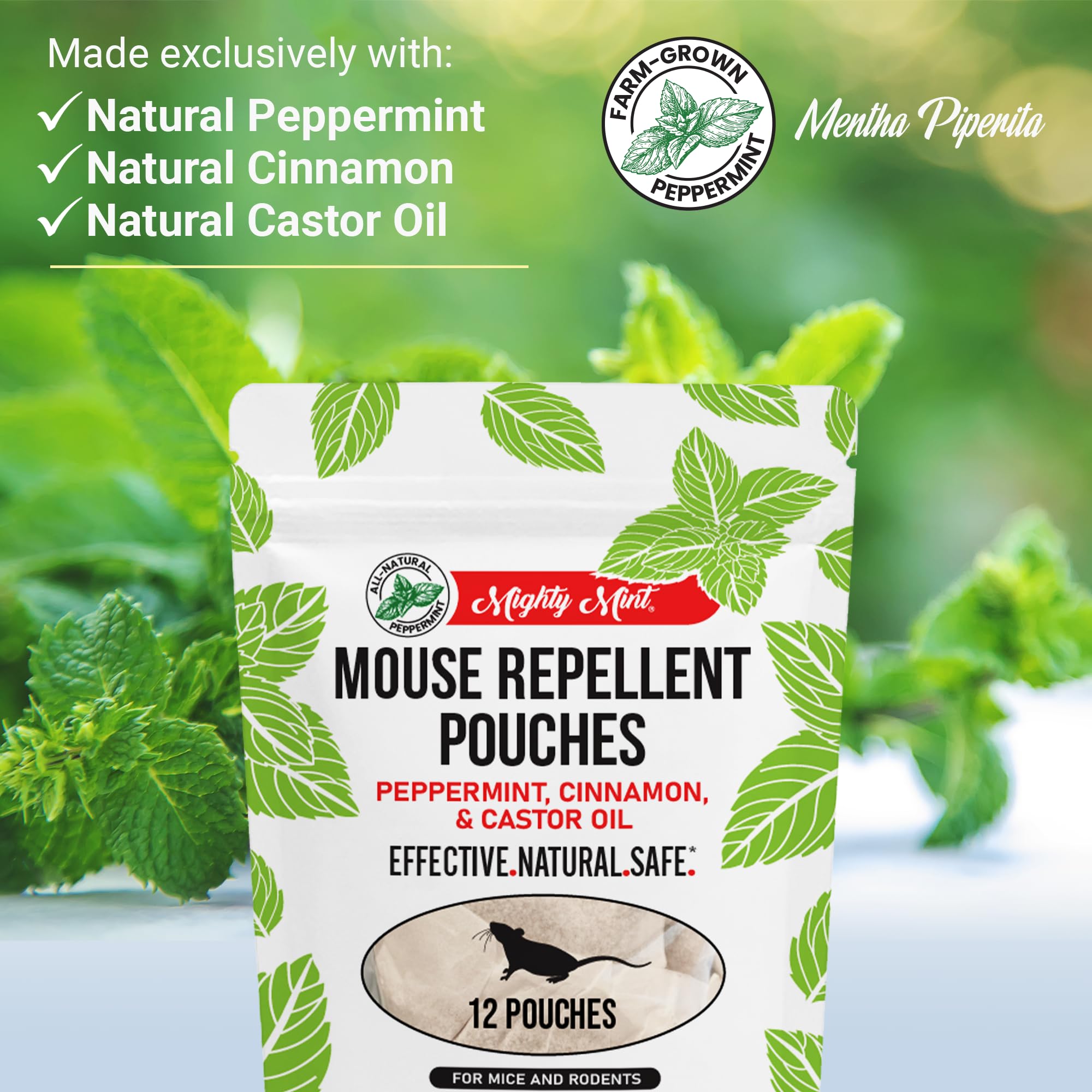 Mighty Mint mouse repellent pouches in a garage illustrate long-lasting deterrence without traps.