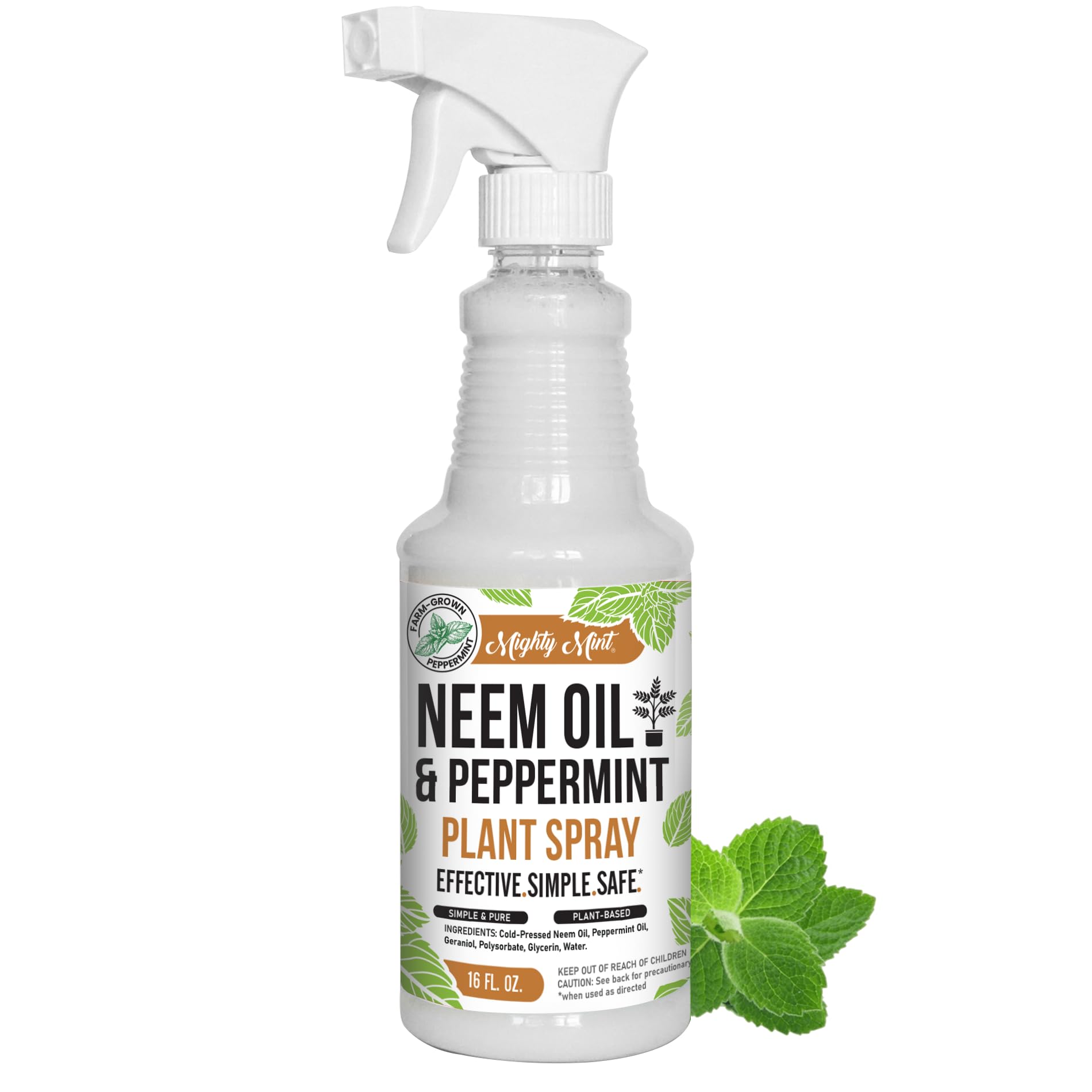 Mighty Mint neem oil spray bottle boosts nutrient delivery for healthier leaves.