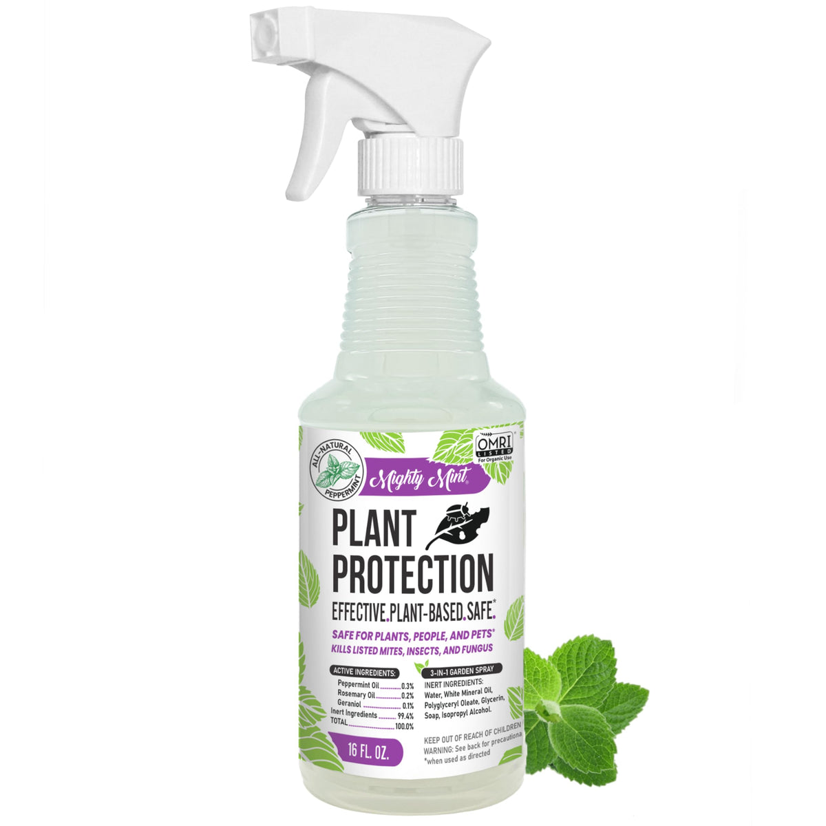 Mighty Mint Peppermint Oil Plant Protection Spray bottle for pest deterrence on plants.