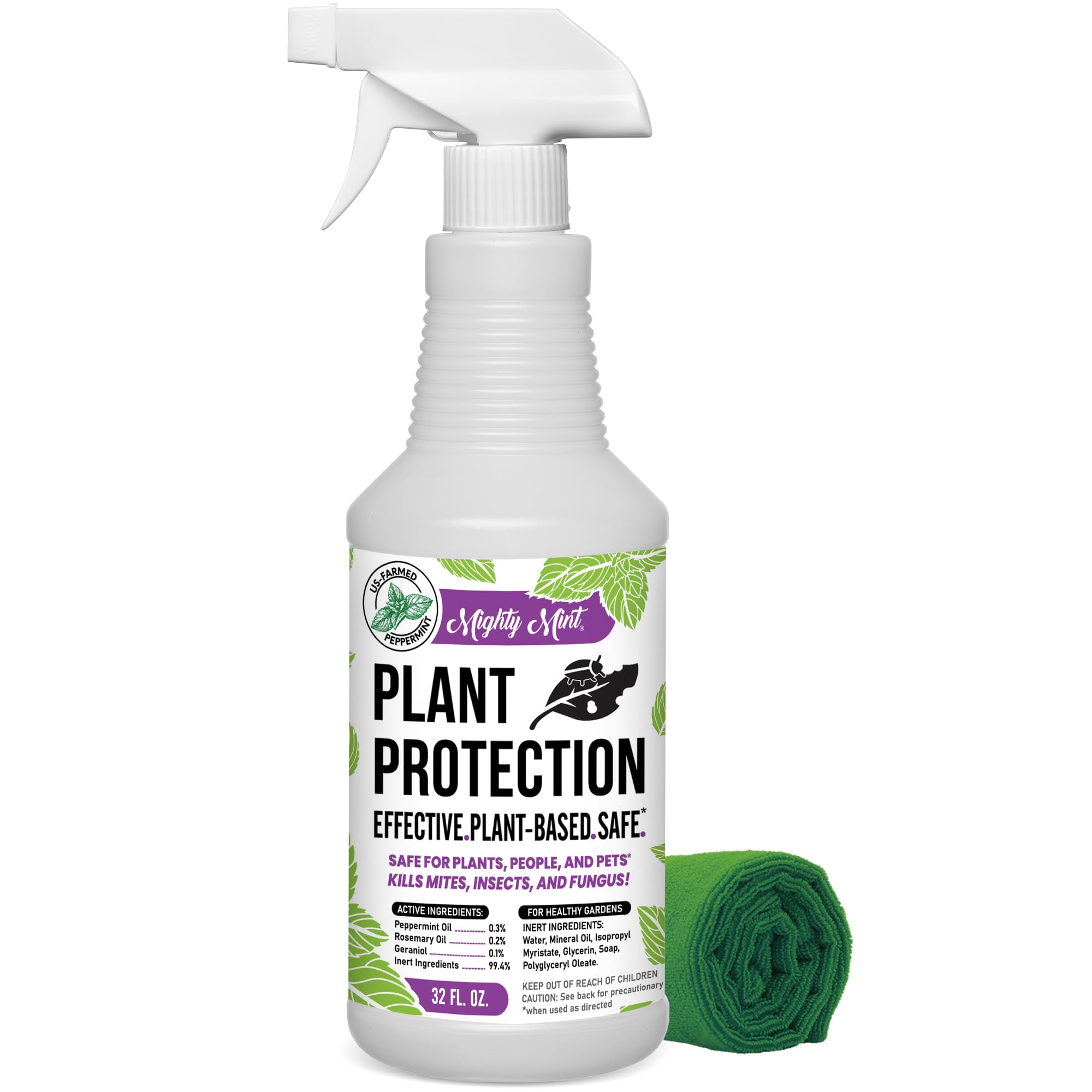 Mighty Mint peppermint oil spray bottle for quick plant pest protection.