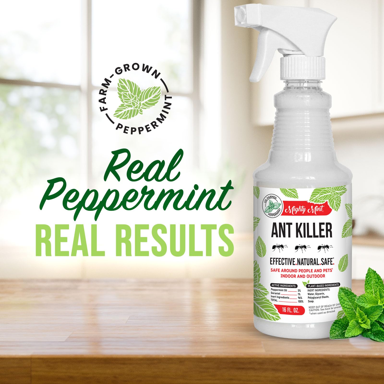 Mighty Mint peppermint oil spray in action repels ants along a kitchen baseboard