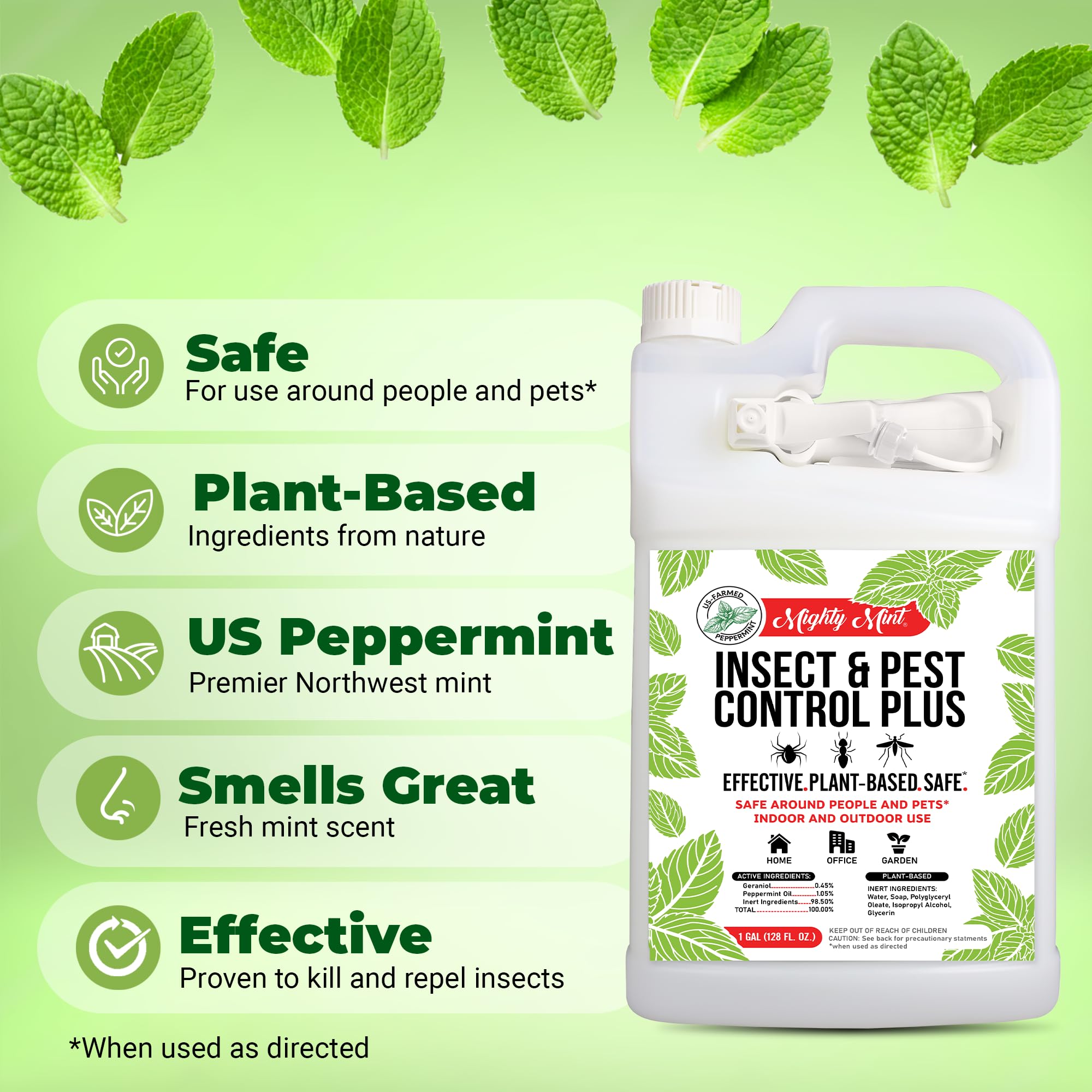 Close-up of Mighty Mint ingredients highlighting geraniol and peppermint oil for natural pest control.