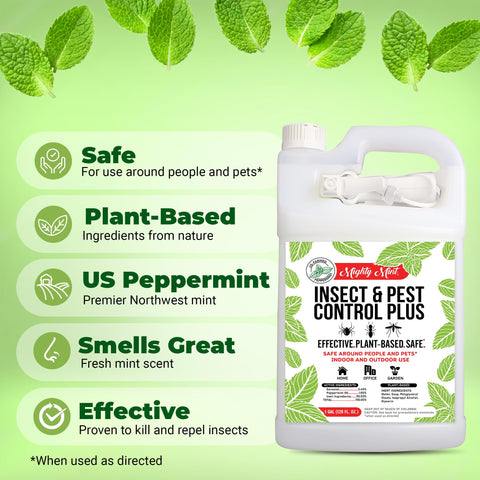 Close-up of Mighty Mint ingredients highlighting geraniol and peppermint oil for natural pest control.