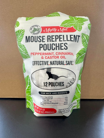 Mighty Mint pouches on a shelf highlight no-mess, poison-free rodent deterrence.