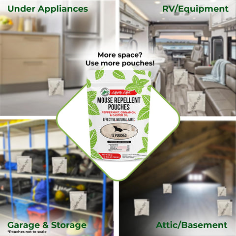 Mighty Mint pouches in a closet illustrate safe, natural pest deterrence around textiles.