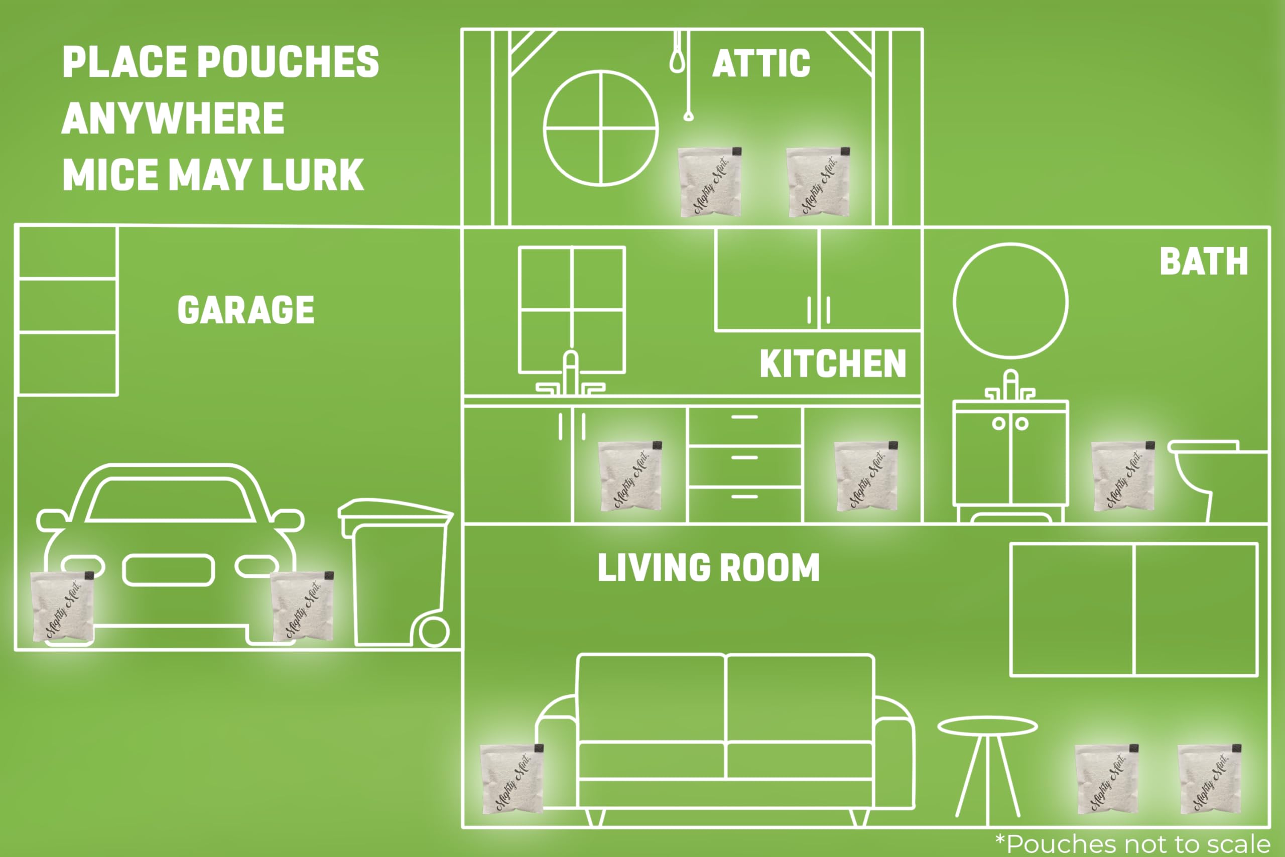 Mighty Mint pouches near attic access demonstrate scent-driven deterrence for stored items.