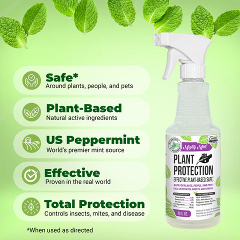 Mighty Mint Peppermint Oil spray on leaves highlights quick, even coverage.