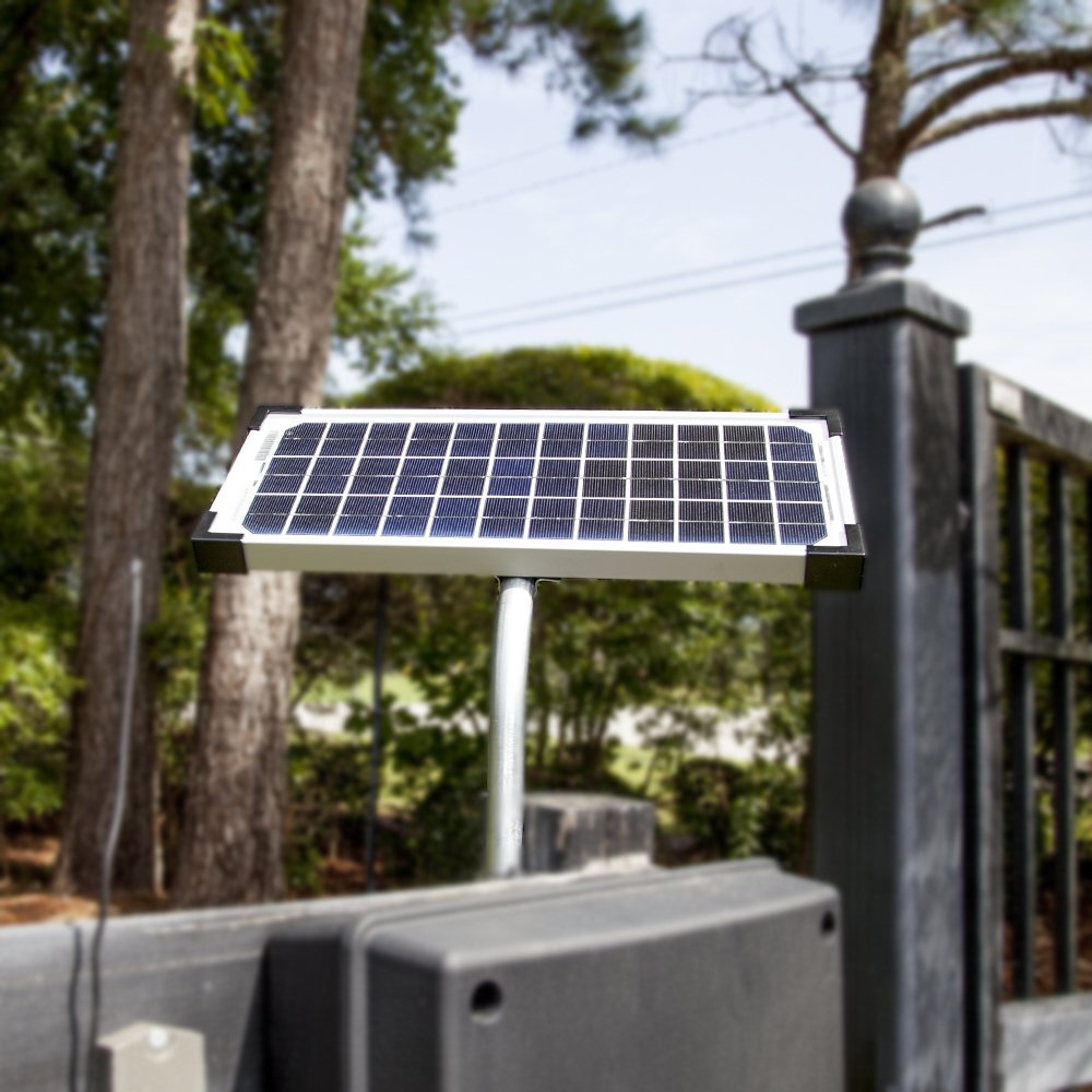 Mighty Mule 10W solar panel kit in sunlight highlights eco-friendly energy production.