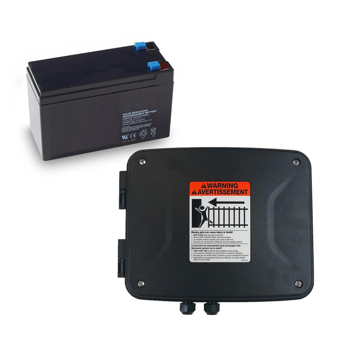 Mighty Mule MMB200 outdoor enclosure kit ready for installation near gate control box.