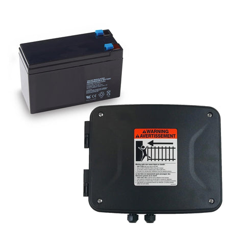 Mighty Mule MMB200 outdoor enclosure kit ready for installation near gate control box.