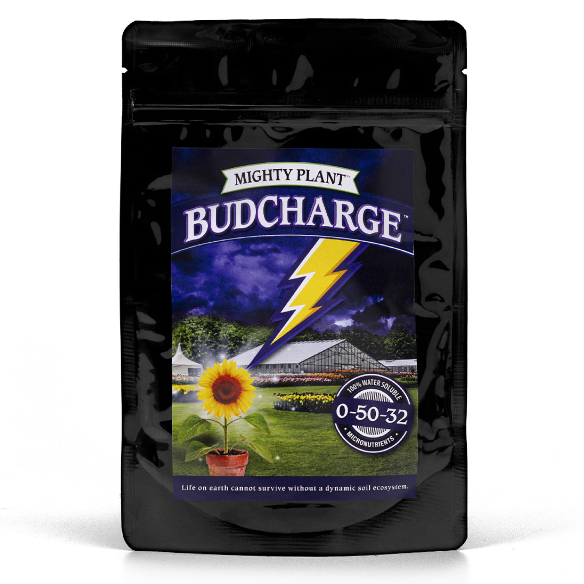 Mighty Plant BudCharge bottle front view promotes a bloom booster for bigger blooms