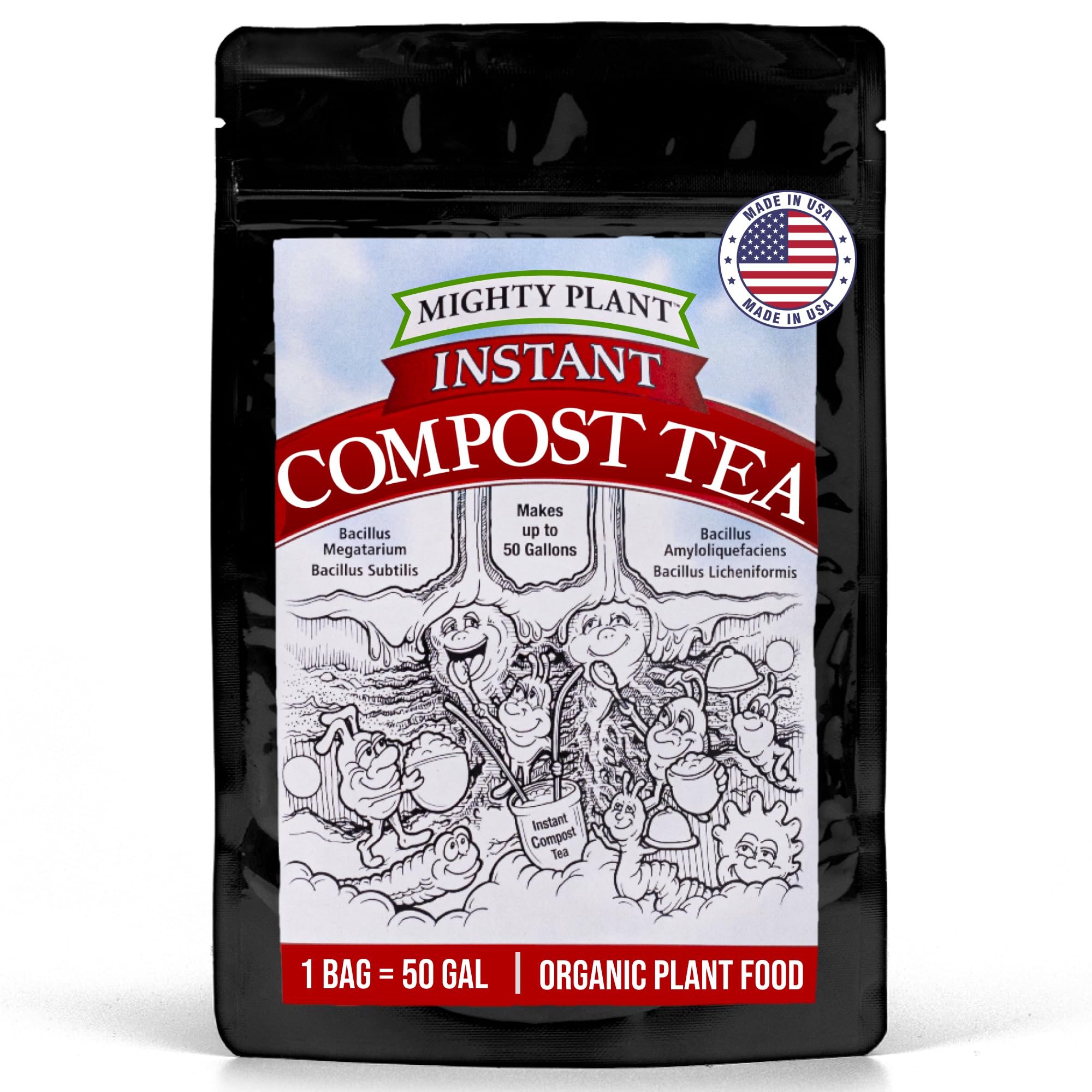 Mighty Plant Organic Instant Compost Tea bottle ready for plant feeding.