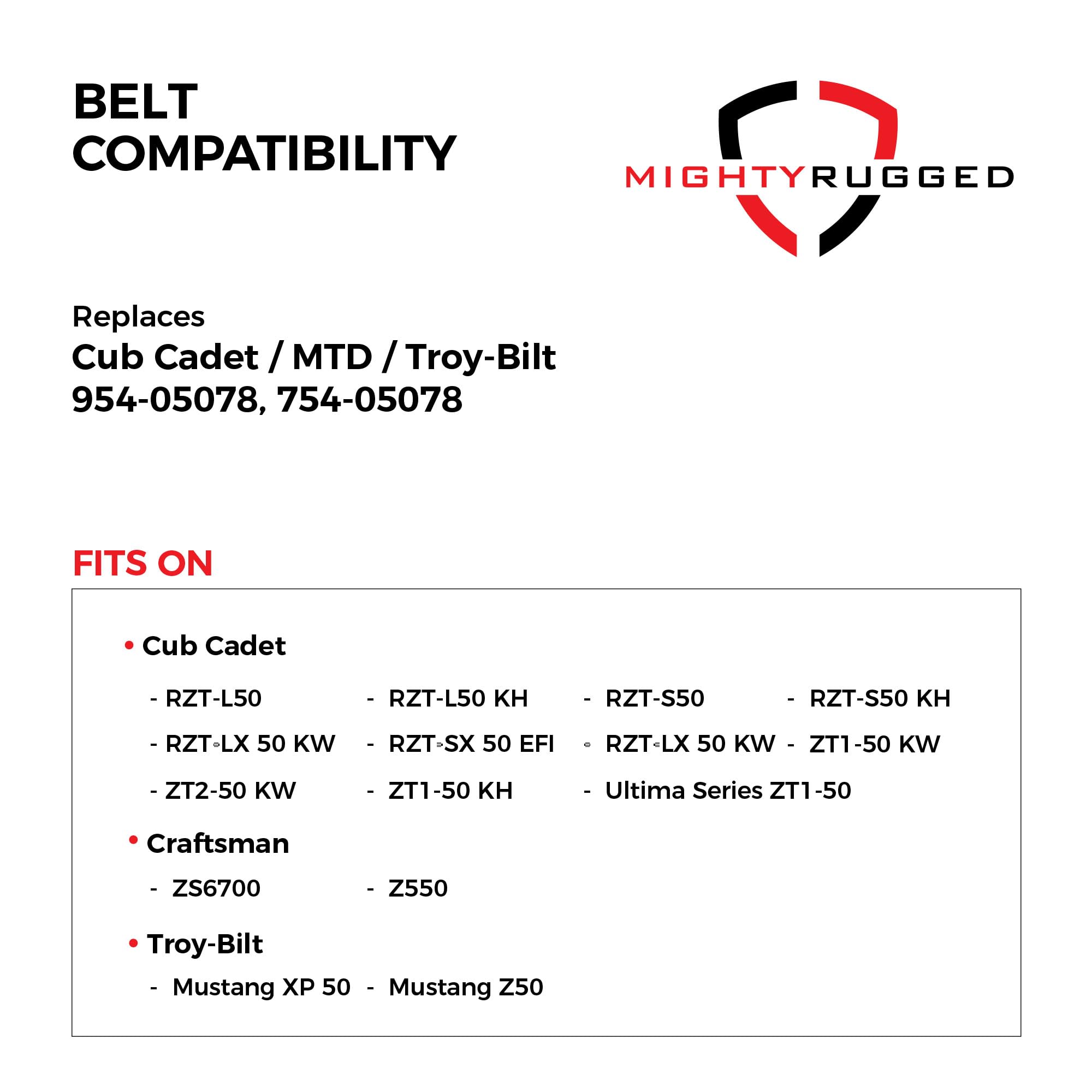 MightyRugged deck belt compatibility chart shows model coverage for safe operation.