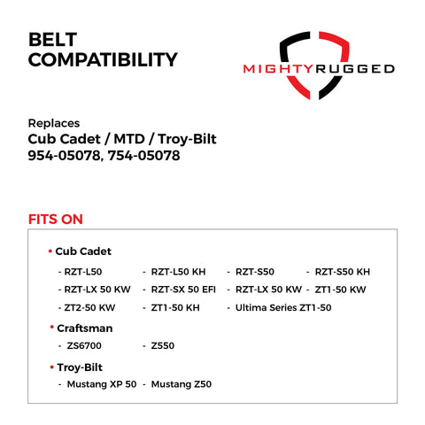 MightyRugged deck belt compatibility chart shows model coverage for safe operation.