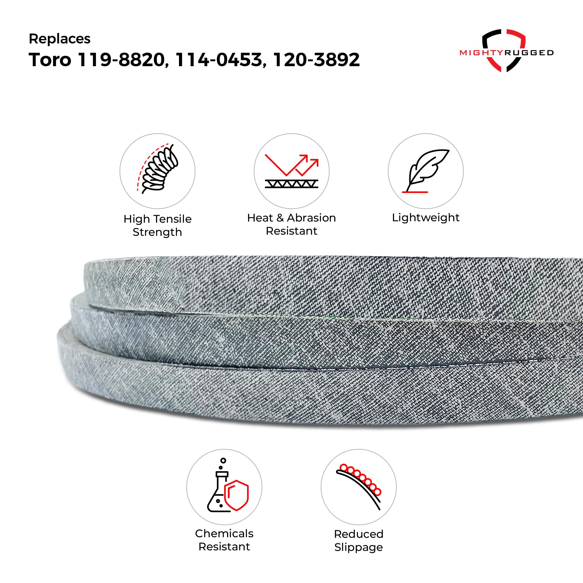 MightyRugged Toro belt 119-8820 compatibility chart indicates broad model fit.