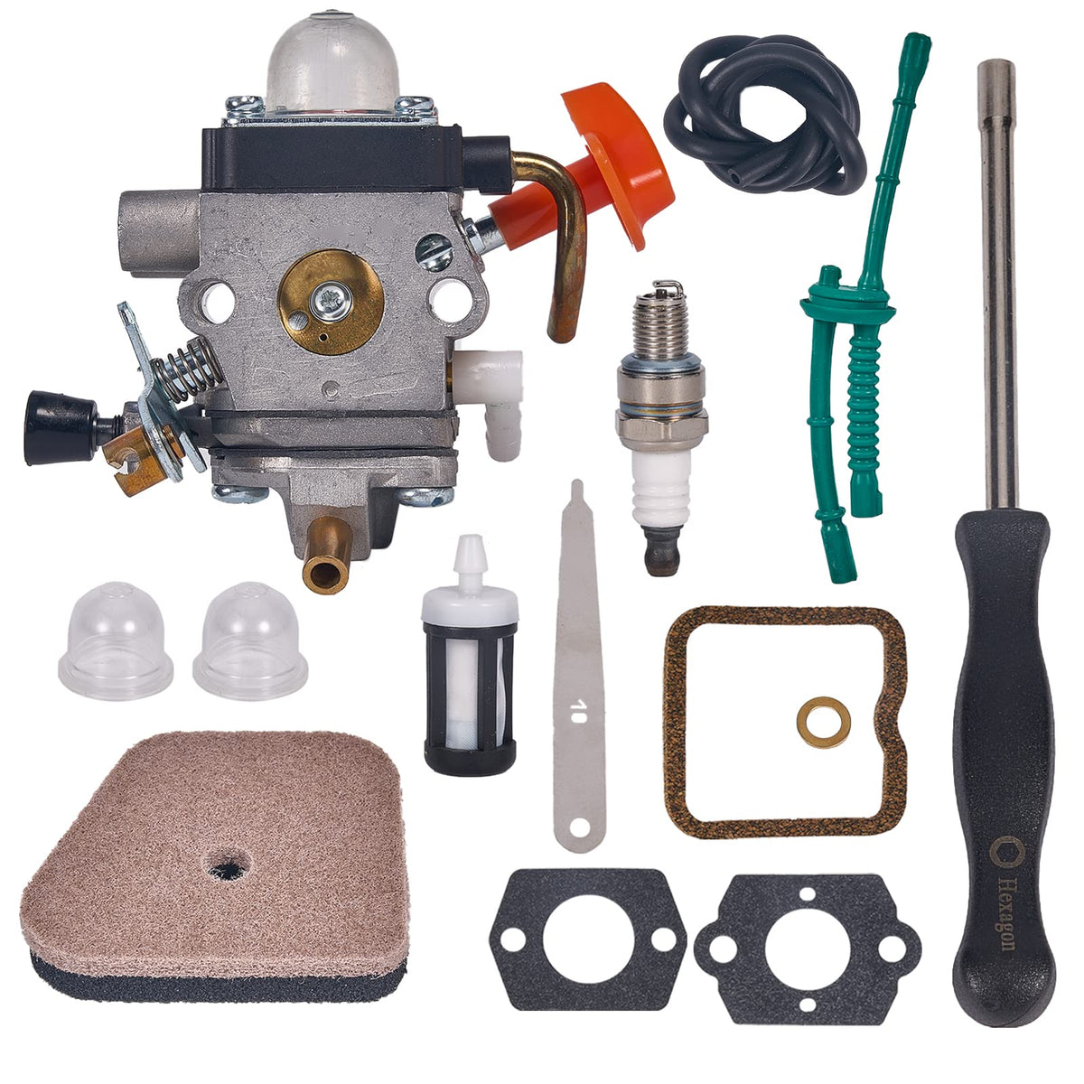 Mikatesi FS90R carburetor kit close-up for precise fuel adjustment.