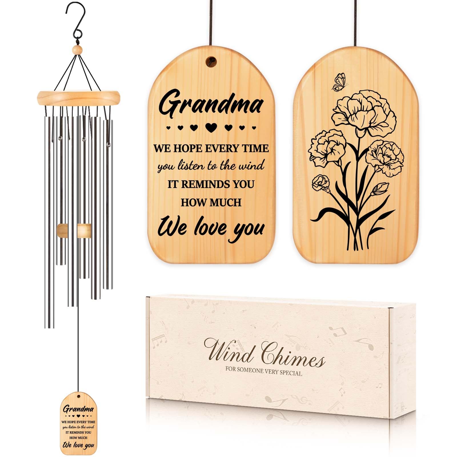Milcier grandma wind chimes, 25.5-inch silver, serene garden melody in breeze
